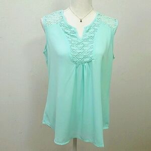 Tank Top sleeveless shell blouse flowy lace Trim Boho Coastal Mint Green NEW
